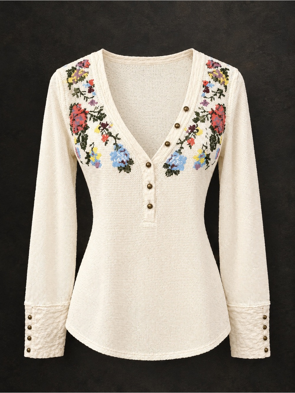 Anthropologie Pilcro Cream Henley Top with Floral Embroidery
